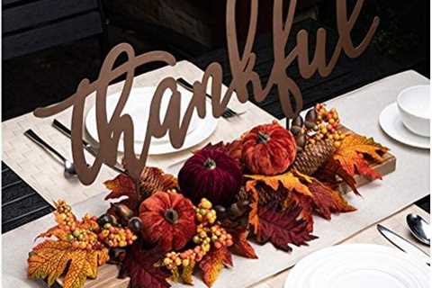 Glitzhome Autumn Harvest Table Centerpiece – Metal Thankful Sign with 24″ L Artificial Floral Maple ..