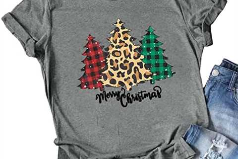 Christmas Shirts for Women Merry Christmas Shirt Xmas Plaid Tree Tshirt Casual Leopard Graphic..