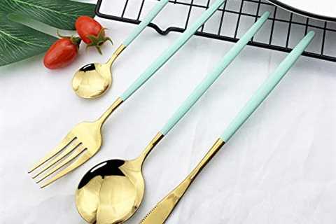 JASHII Flatware Serving Set 24 Piece, Stainless Steel Silverware Set, Mint Green Gold Cutlery Set,..