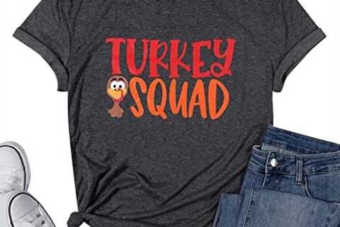 KIDDAD Turkey Squad Shirt Women Funny Thanksgiving T Shirt Casual Short Sleeve Fall T-Shirt