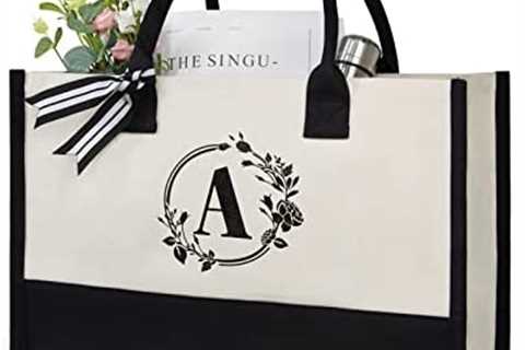 TOPDesign Personalized Initial Canvas Beach Bag, Monogrammed Gift Tote Bag for Women