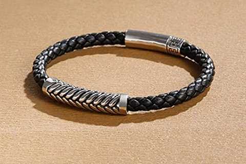 FANCIME Footmark 925 Sterling Silver Herringbone Pattern Genuine Mens Leather Bracelet Braided Rope ..