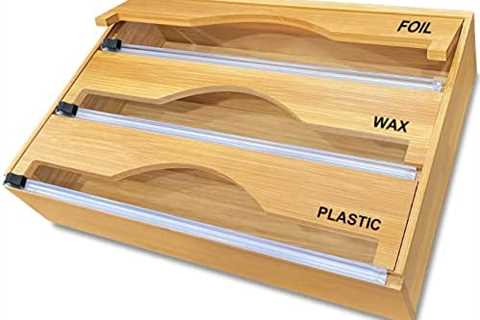 Aiaabq Bamboo Plastic Wrap Dispenser with Cutter with 21 Labels,3-in-1 Storage Organizer for..