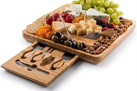 Bamboo Cheese Board Set – Premium Cheeseboard Gift Set – Includes 4 Cheese Knives & 10 Cheese..