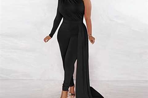 Fastkoala Bodycon Jumpsuits for Women One Shoulder Long Sleeve Peplum Ruffle Formal Jumpsuit Romper ..