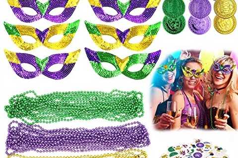 Jitejoe 170 Pack Mardi Gras Party Favors Set Mardi Gras Beads Necklace Mask Temporary Tattoos and..