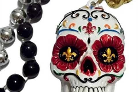 White Sugar Skull Day of The Dead Mardi Gras Beads Party Favor Necklace