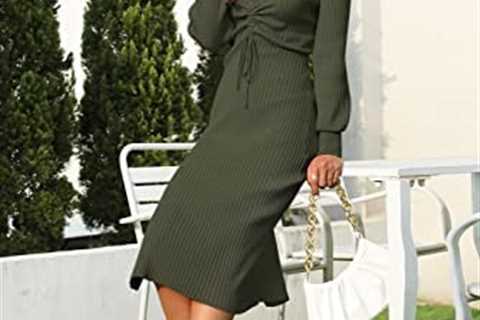 DEEP SELF Sweater Dress Women Long Sleeve Bodycon Dress Knit Drawstring V Neck Midi Dresses with..